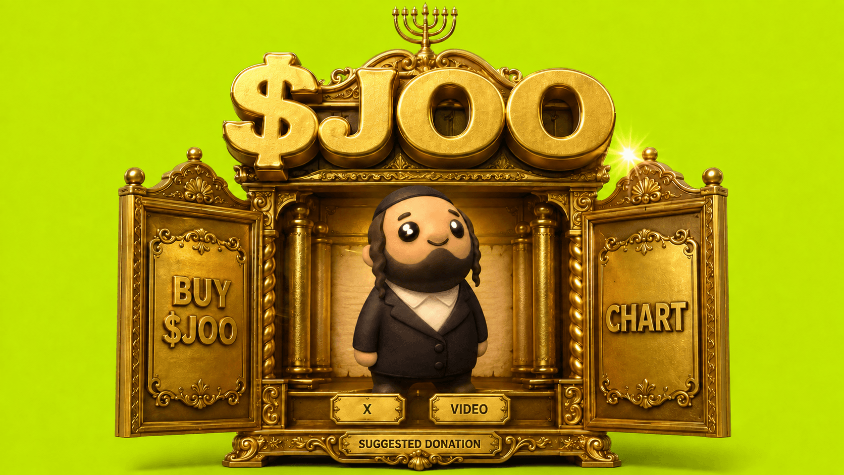 $JOO standing inside an ornate gold cabinet with link plates